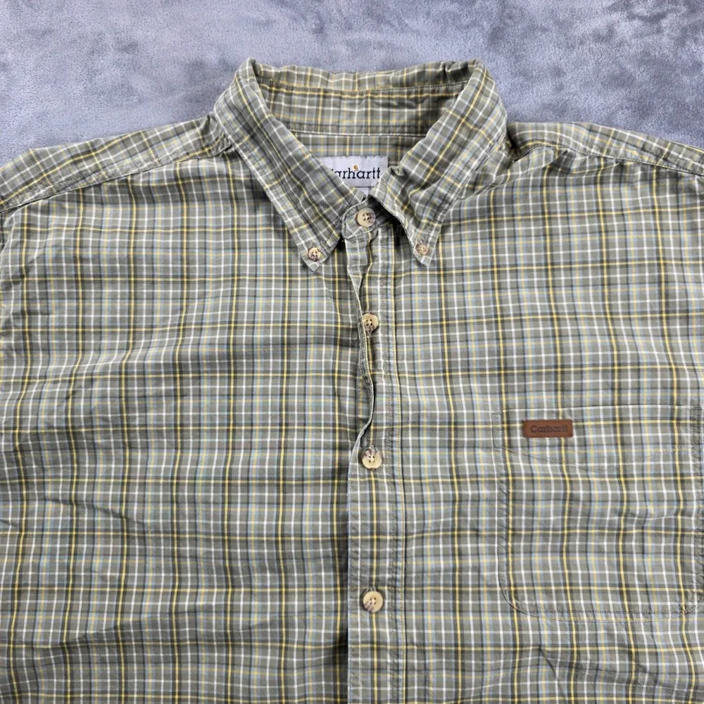 Carhartt Button Down Shirt Mens 2XL Green Plaid Short Sleeve Cotton Workwear